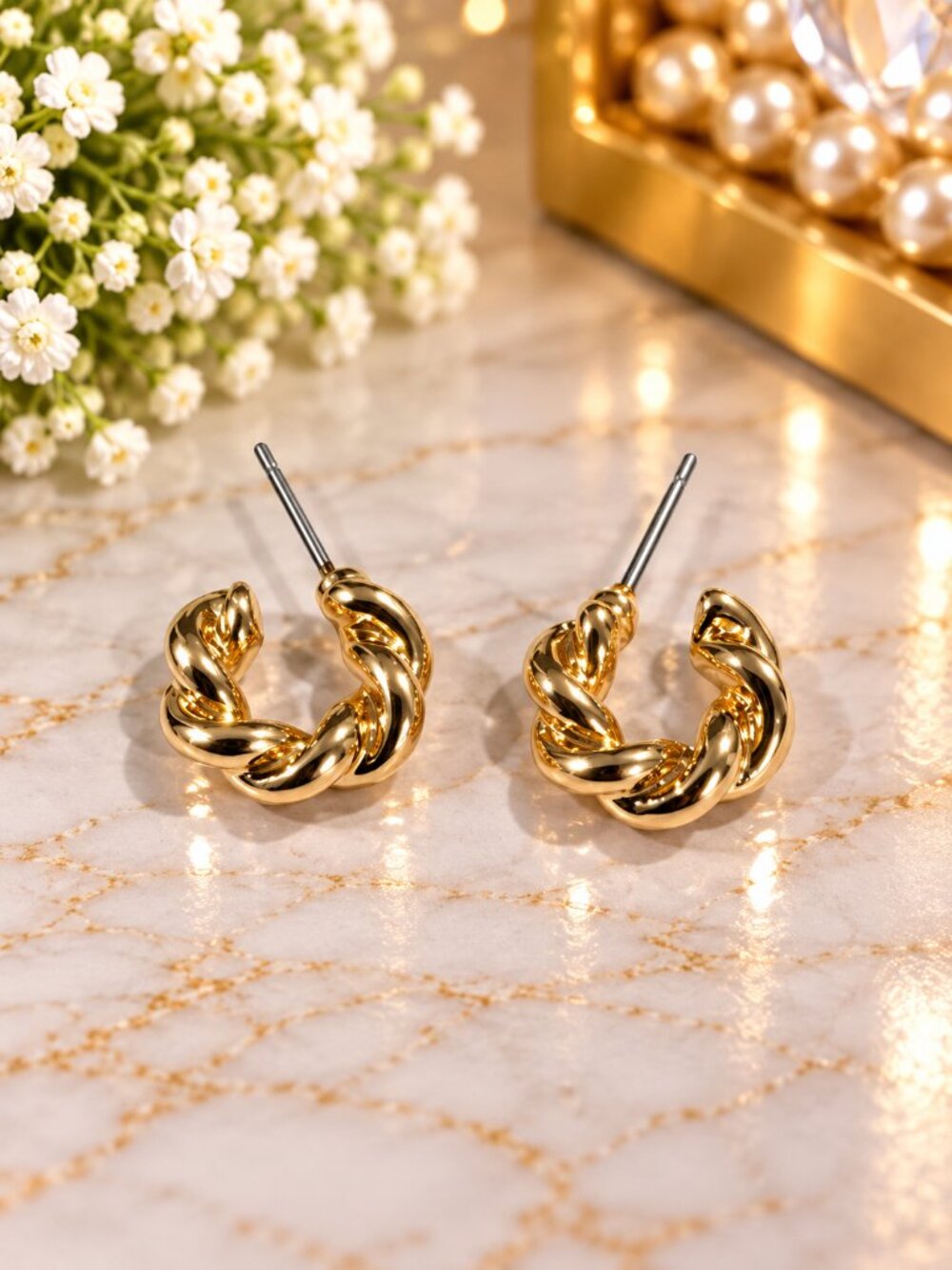Gold Tone Chunky Twisted Hoop Earrings Braided Rope Statement Hoops - Jewelry